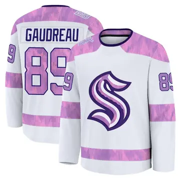 Men's Frederick Gaudreau Seattle Kraken ＃89 Premium White 2024 Hockey Fights Cancer Practice Jersey