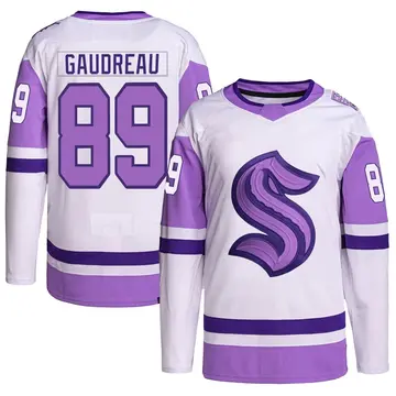 Youth Frederick Gaudreau Seattle Kraken ＃89 Authentic White/Purple Hockey Fights Cancer Primegreen Jersey