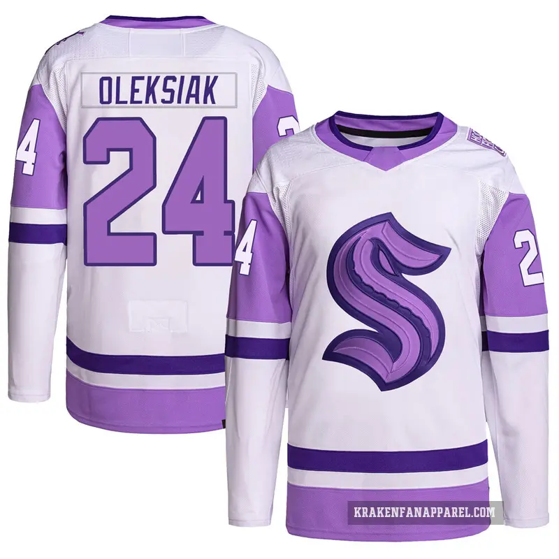 Youth Jamie Oleksiak Seattle Kraken ＃24 Authentic White/Purple Hockey Fights Cancer Primegreen Jersey